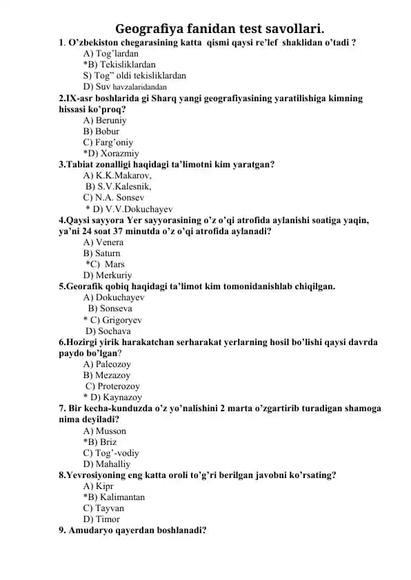 Geografiya fanidan test savollari