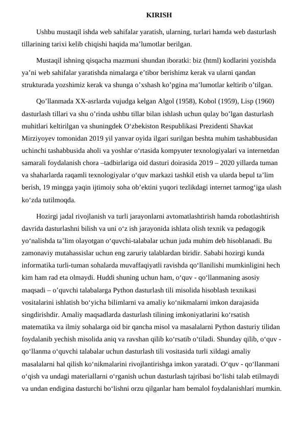 Dasturlash tillari orqali web sahifa yaratish, matn muharrirlaridan web sahifa yaratish, visual loyihalash dasturlaridan web sahifa yaratish