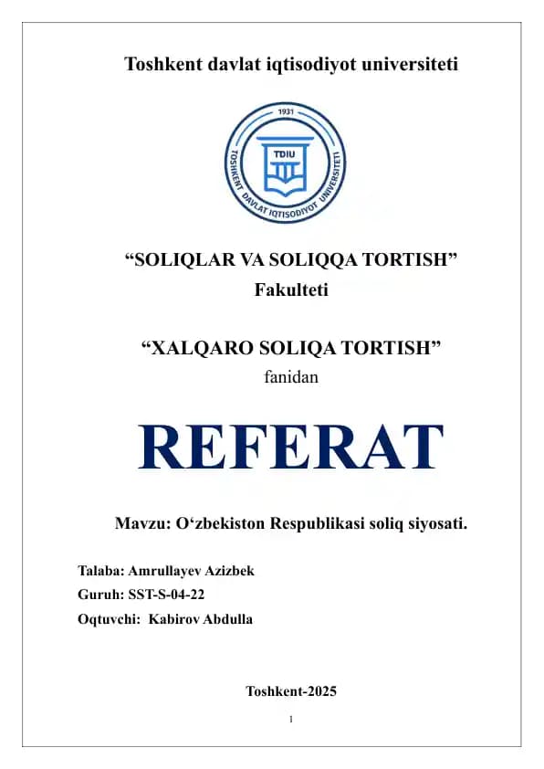O‘zbekiston Respublikasi soliq siyosati.
