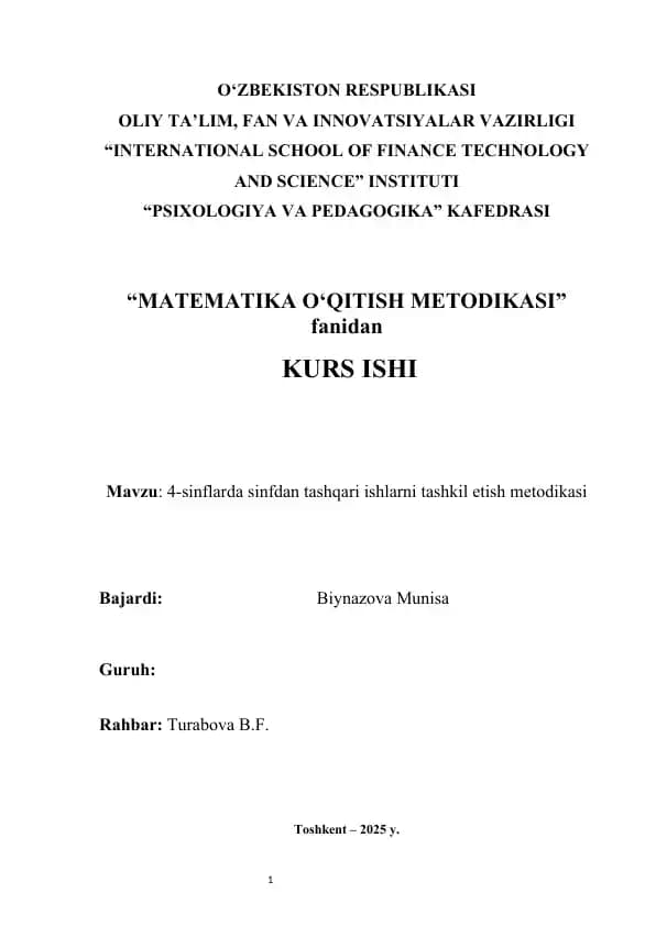 4-sinflarda sinfdan tashqari ishlarni tashkil etish metodikasi kurs ishi    |  4-синфларда синфдан ташқари ишларни ташкил этиш методикаси   |  To‘rtinchi sinflarda sinfdan tashqari ishlarni tashkil etish metodikasi  kurs  ishi   |   Тўртинчи синфларда синфдан ташқари ишларни ташкил этиш методикаси
