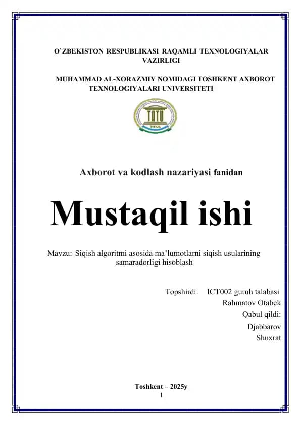 Siqish algoritmi asosida ma’lumotlarni siqish usullarining samaradorligini hisoblash