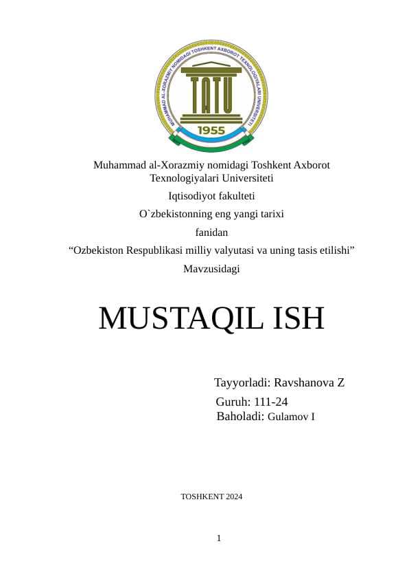 Ozbekiston Respublikasi milliy valyutasi va uning tasis etilishi