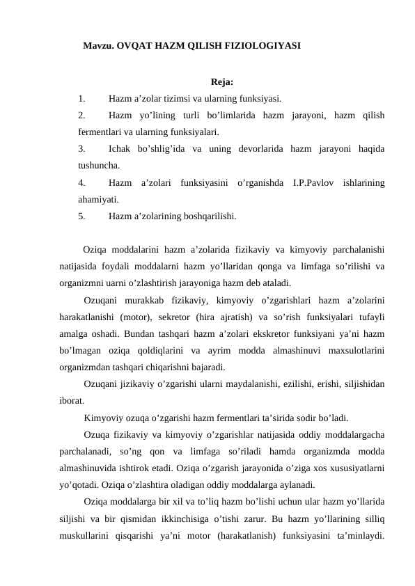 OVQAT HAZM QILISH FIZIOLOGIYASI