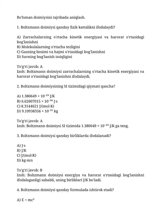 Bolsman doimiysini tajribada aniqlash.