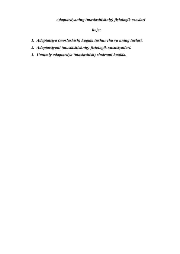 Adaptatsiyaning (moslashishnig) fiziologik asoslari