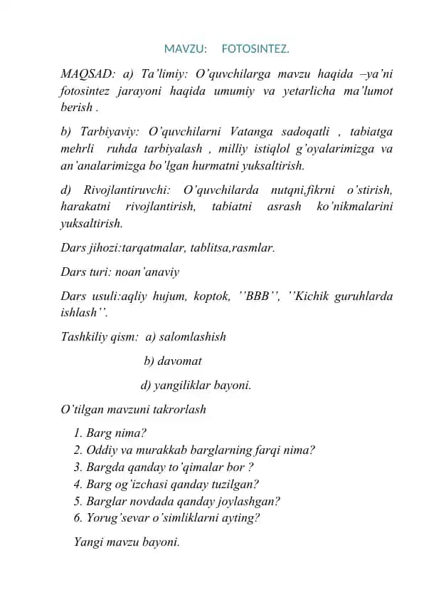 Fotosintez dars ishlanma