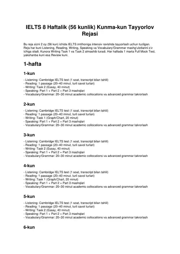 IELTS 8 Haftalik (56 kunlik) Kunma-kun Tayyorlov Rejasi