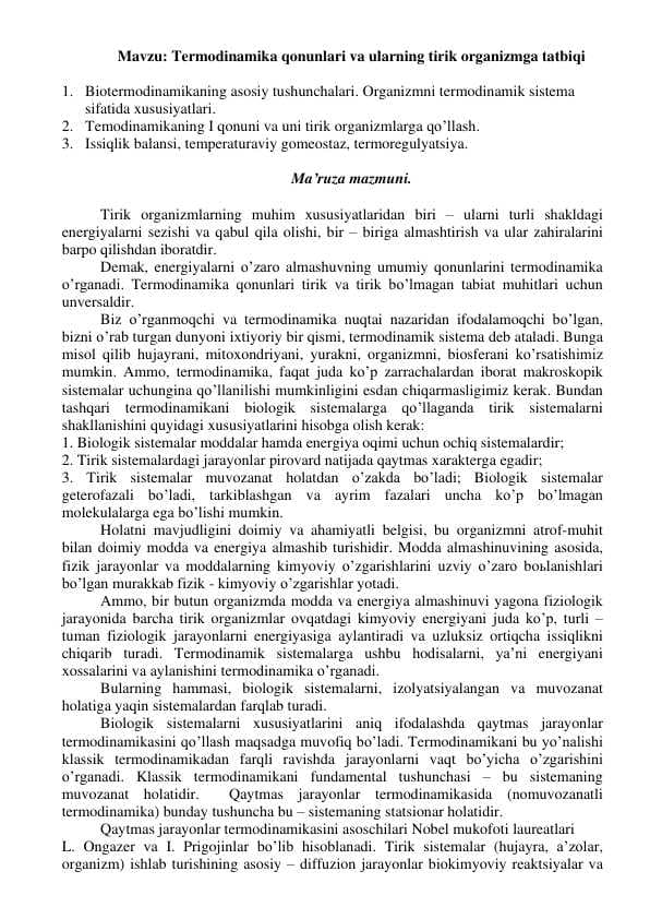 Termodinamika qonunlari va ularning tirik organizmga tatbiqi