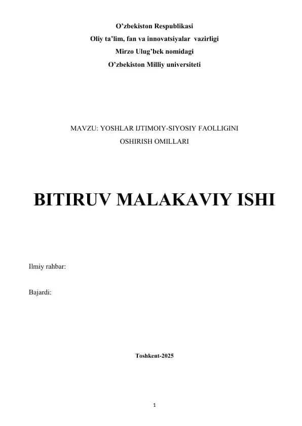 YOSHLAR IJTIMOIY-SIYOSIY FAOLLIGINI  OSHIRISH OMILLARI