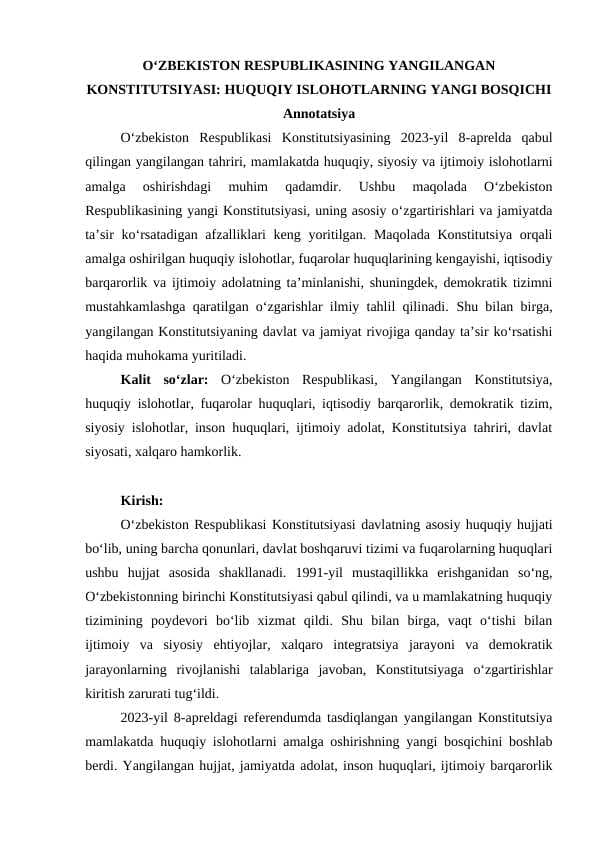 O‘ZBEKISTON RESPUBLIKASINING YANGILANGAN KONSTITUTSIYASI: HUQUQIY ISLOHOTLARNING YANGI BOSQICHI