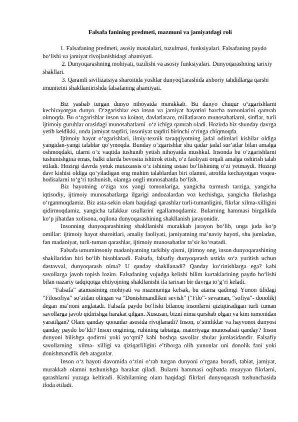 Falsafa fanining predmeti, mazmuni va jamiyatdagi roli