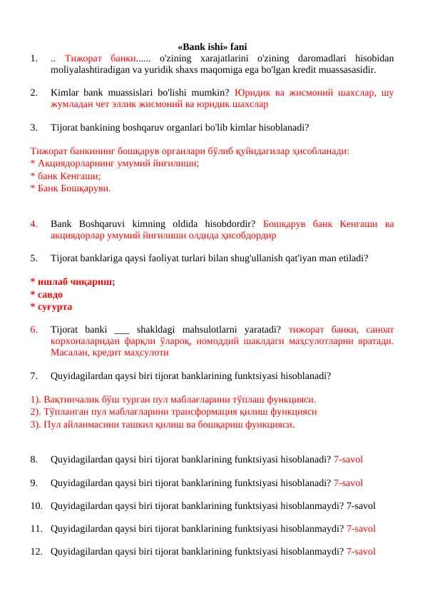 Bank ishidan yakuniy test savollari va javoblari