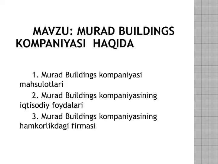Murad Buildings kompaniyasi haqida slayd.
