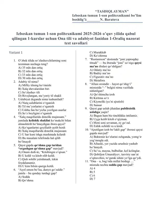 Politexnikumi 1-kurslar uchun Ona tili va adabiyot fanidan 1-Oraliq nazorat test savollari