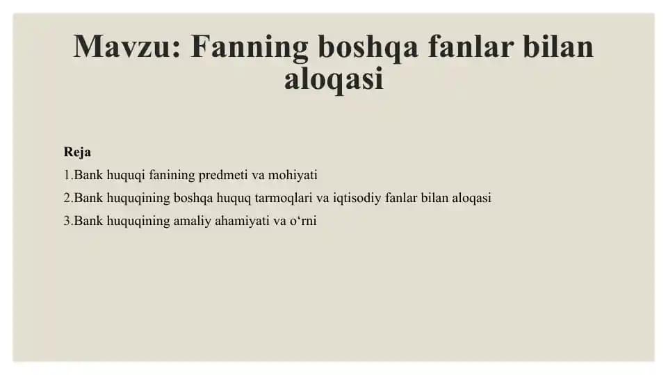 Bank huquqi fanning boshqa fanlar bilan aloqasi.