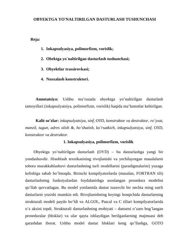 OBYEKTGA YO'NALTIRILGAN DASTURLASH TUSHUNCHASI