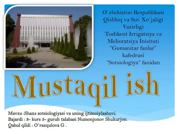 Shaxssotsiologiyasi va uning ijtimoiylashuvi