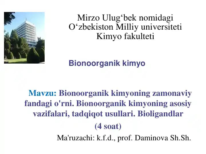 Bionoorganik kimyoning zamonaviy fandagi o'rni