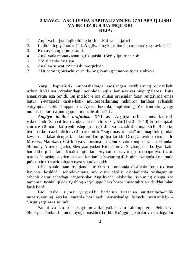 ANGLIYADA KAPITALIZMNING G’ALABA QILISHI VA INGLIZ BURJUA INQILOBI