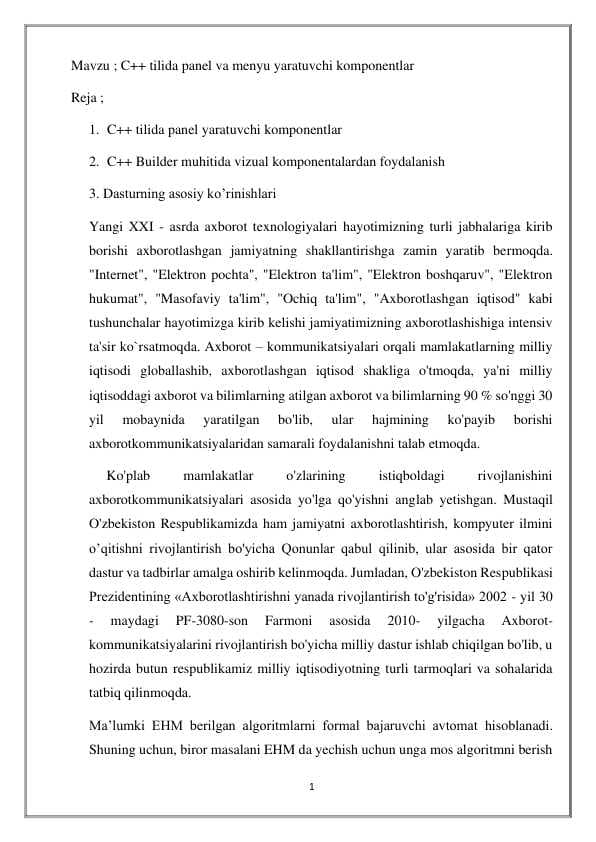 C++ tilida panel va menyu yaratuvchi komponentlar