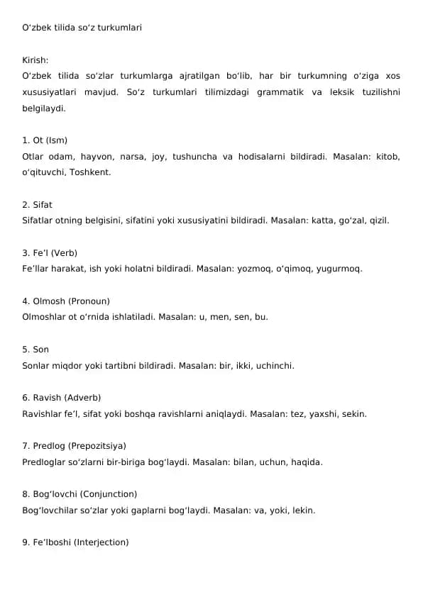 O‘zbek tilida so‘z turkumlari
