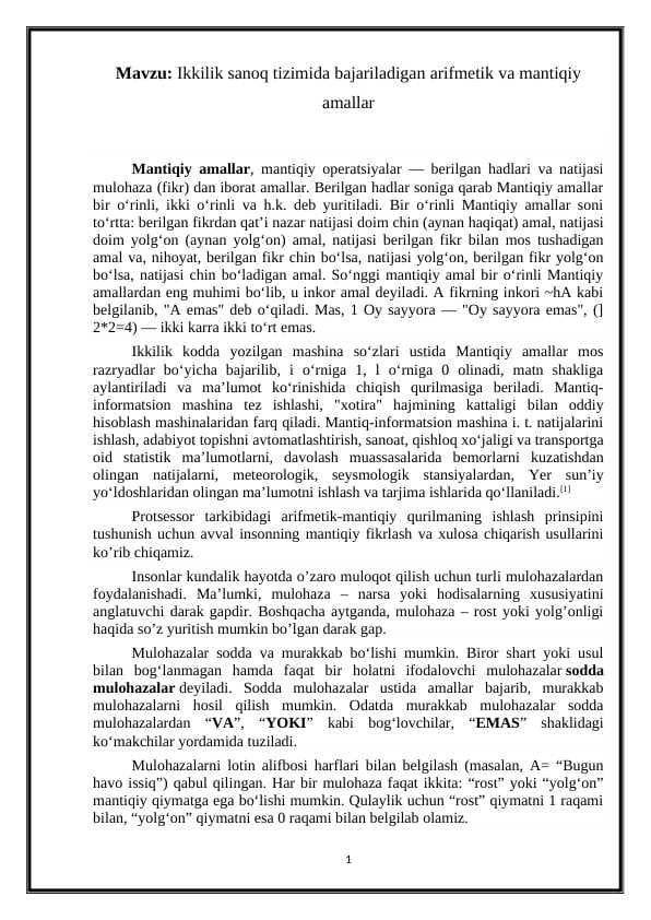 Ikkilik sanoq tizimida bajariladigan arifmetik va mantiqiy amallar