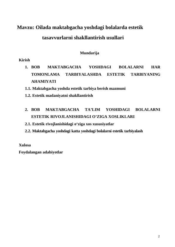 Oilada maktabgacha yoshdagi bolalarda estetik tasavvurlarni shakllantirish usullari