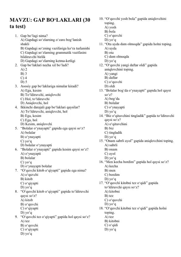 GAP BO‘LAKLARI (30 ta test)