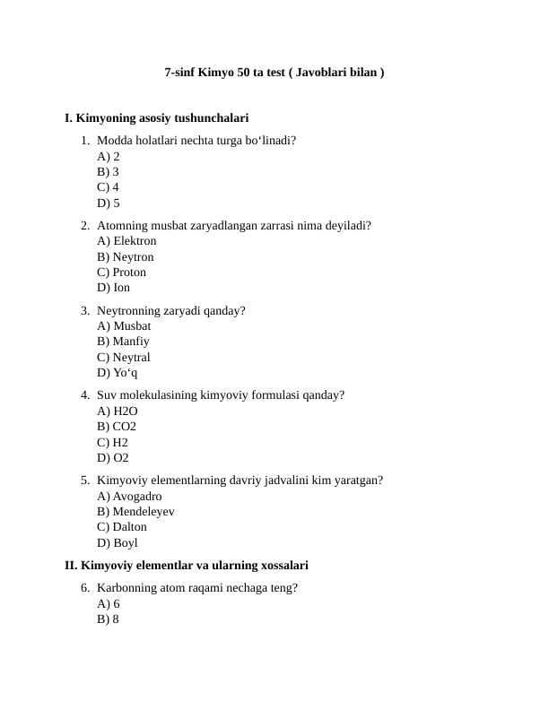 7-sinf Kimyo 50 ta test ( Javoblari bilan )