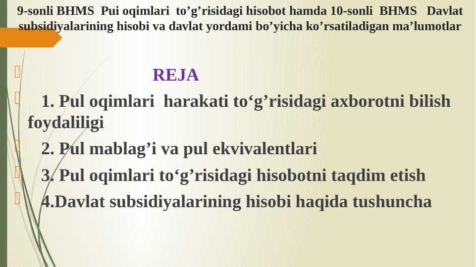 BHMS  Pui oqimlari  to’g’risidagi hisobot hamda 10-sonli  BHMS   Davlat subsidiyalarining hisobi va davlat yordami bo’yicha ko’rsatiladigan ma’lumotlar