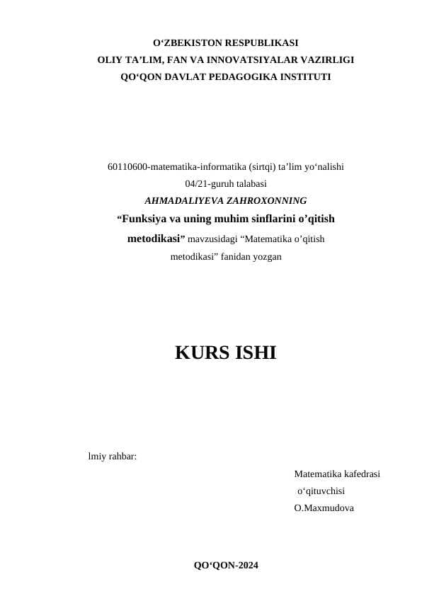 Funksiya va uning muhim sinflarini o’qitish metodikasi