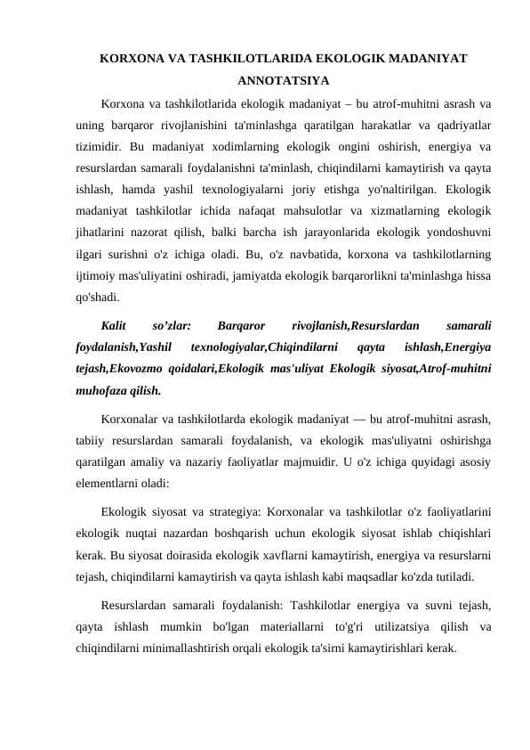 KORXONA VA TASHKILOTLARIDA EKOLOGIK MADANIYAT