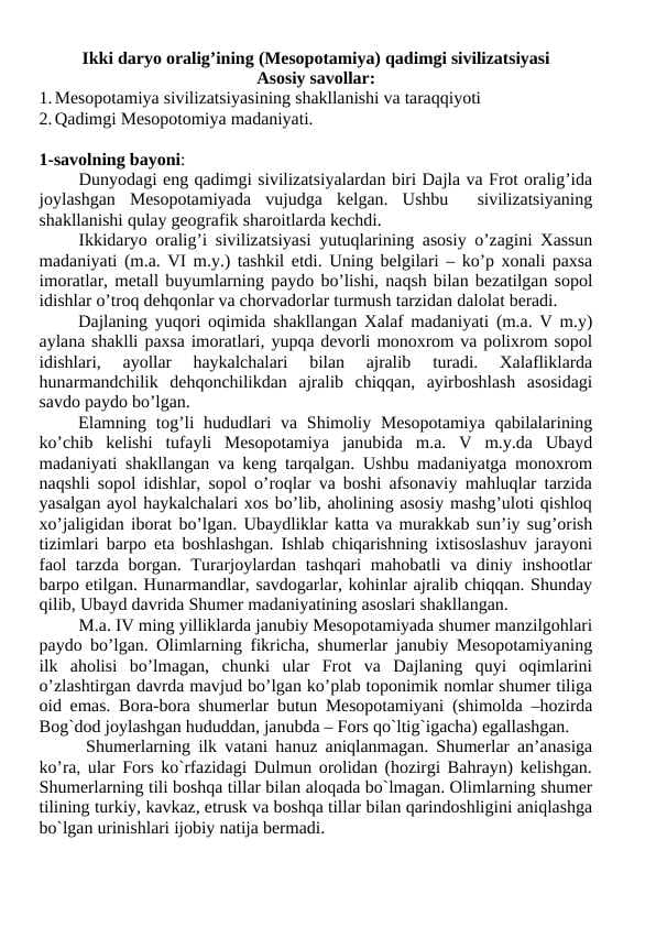 Ikki daryo oralig’ining (Mesopotamiya) qadimgi sivilizatsiyasi 24