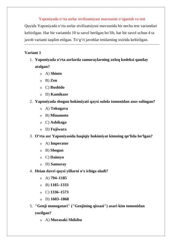 Yaponiyada o‘rta asrlar sivilizatsiyasi mavzusini o‘rganish va test  24