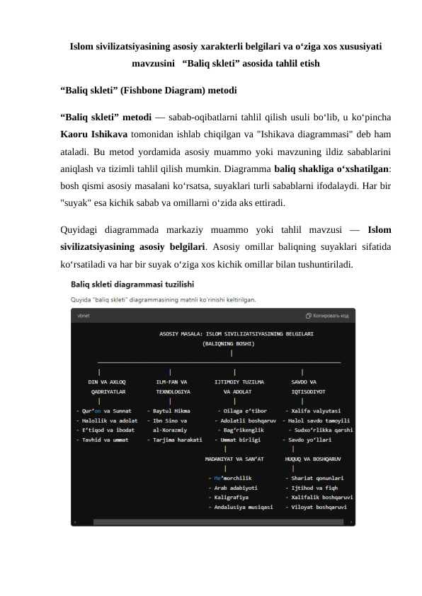 Islom sivilizatsiyasining asosiy xarakterli belgilari va o‘ziga xos xususiyati mavzusini   “Baliq skleti” asosida tahlil etish 24