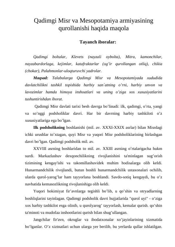 Qadimgi Misr va Mesopotamiya armiyasining qurollanishi haqida maqola  24