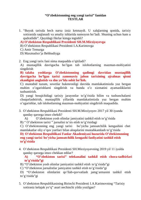 TARIX test javoblari bilan