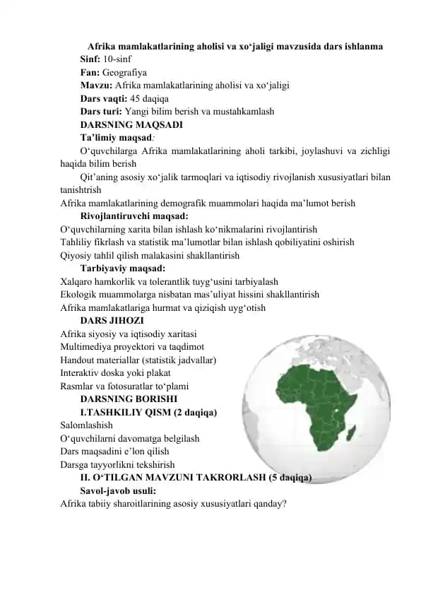 Afrika mamlakatlarining aholisi va xo‘jaligi