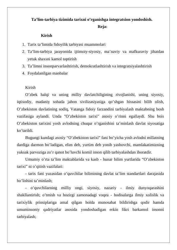 Ta’lim-tarbiya tizimida tarixni o’rganishga integratsion yondoshish. 24