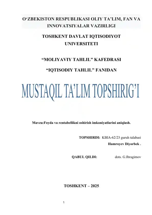 Foyda va rentabellikni oshirish imkoniyatlarini aniqlash.