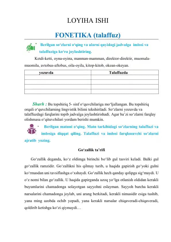 fonetika-talaffuz,fonetika - imlo, leksikalogiya, mustaqil so'zlar, yordamchi so'zlar, oraliqdagi so'zlar