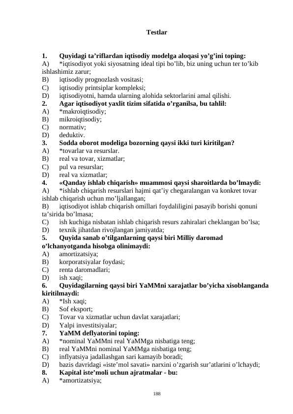 Iqtisodiyot Test 200 ta ( Javoblari bilan )
