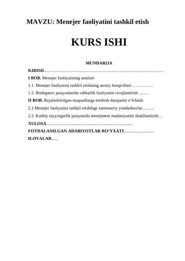 Menejer faoliyatini tashkil etish