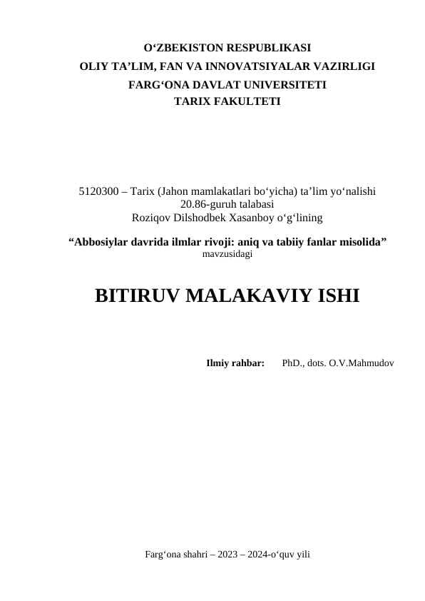 Abbosiylar davrida ilmlar rivoji  aniq va tabiiy fanlar misolida