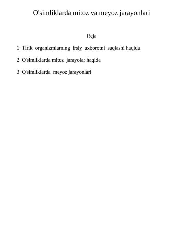 O'simliklarda mitoz va meyoz jarayonlari