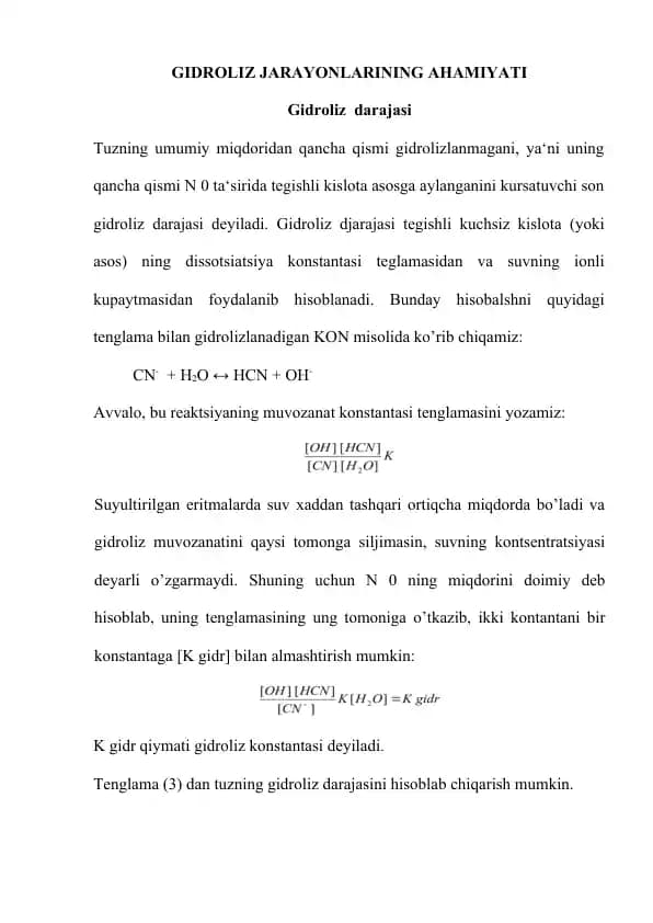 Gidroliz Jarayonlarining Ahamiyati