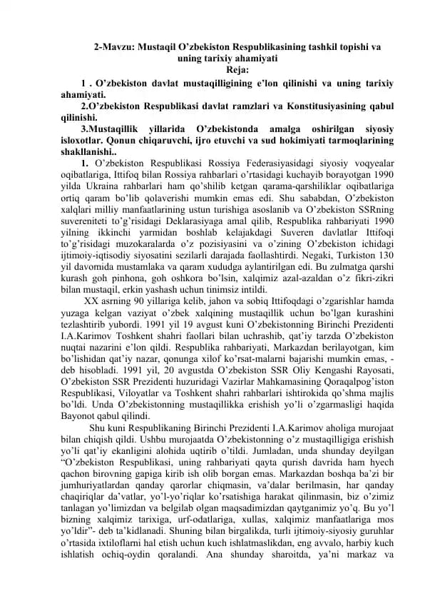 Mustaqil O’zbekiston Respublikasining tashkil topishi va uning tarixiy ahamiyati