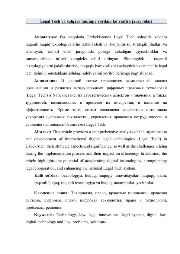 Legal Tech va xalqaro huquqiy yordam koʻrsatish jarayonlari