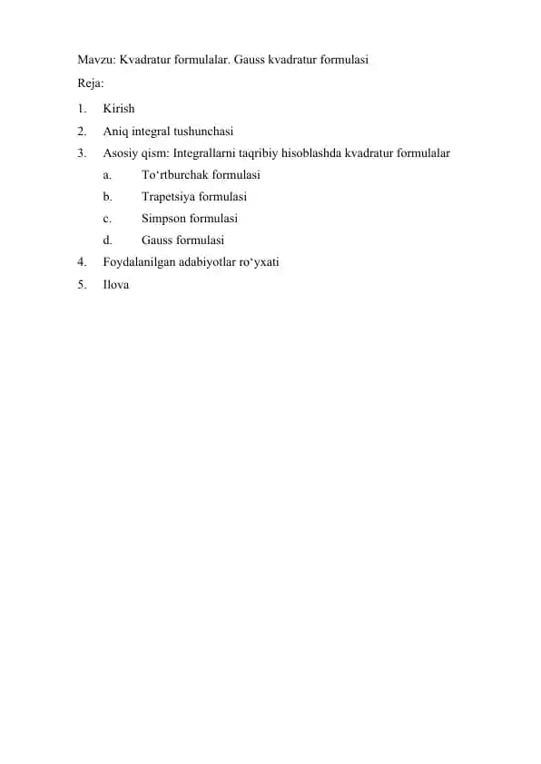 Kvadratur formulalar. Gauss kvadratur formulasi