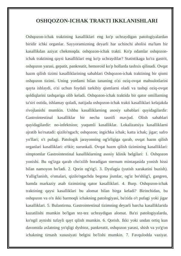 OSHQOZON-ICHAK TRAKTI IKKLANISHLARI